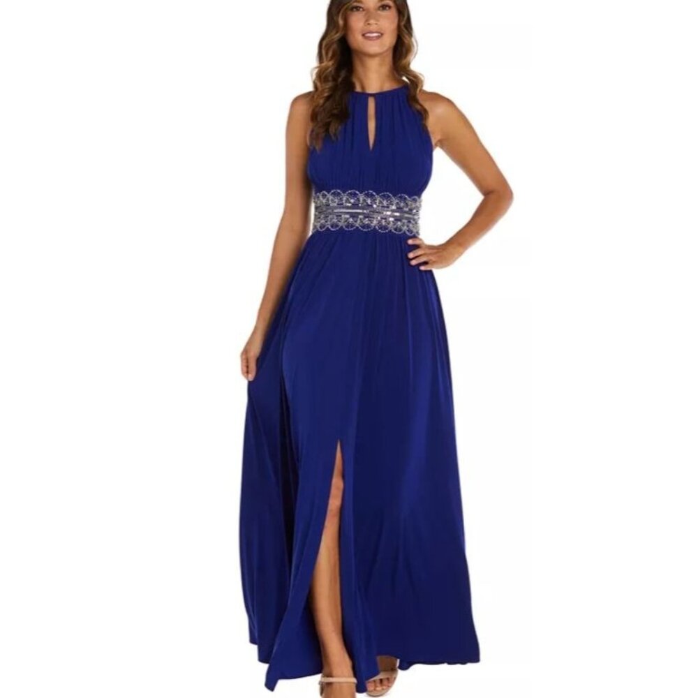 R&M Richards Formal Maxi Dress Gown Blue Sleeveless Beaded Waist Keyhole Neck 6